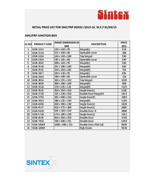 sintex mrp price list